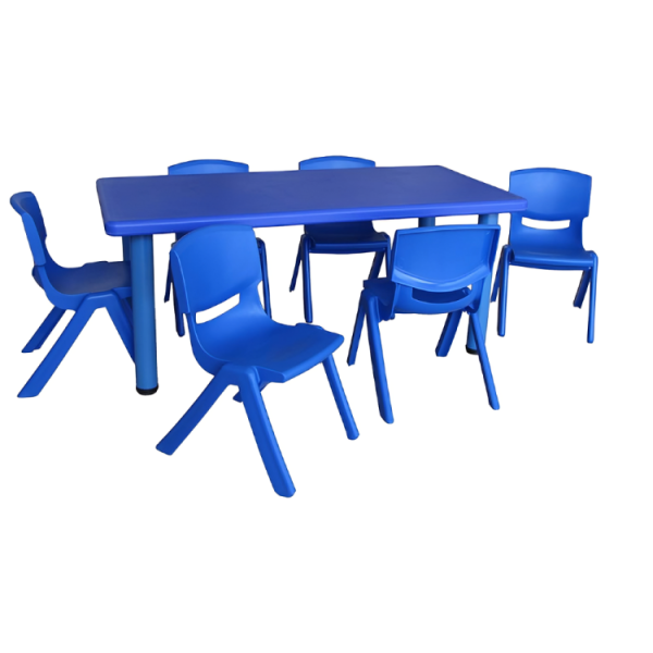 Blue Plastic Children's Rectangular Table + 6 Chairs