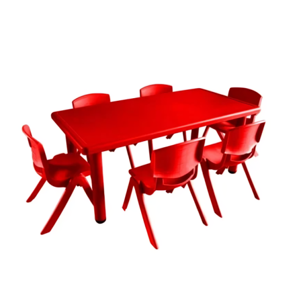 Red Plastic Children's Rectangular Table + 6 Chairs